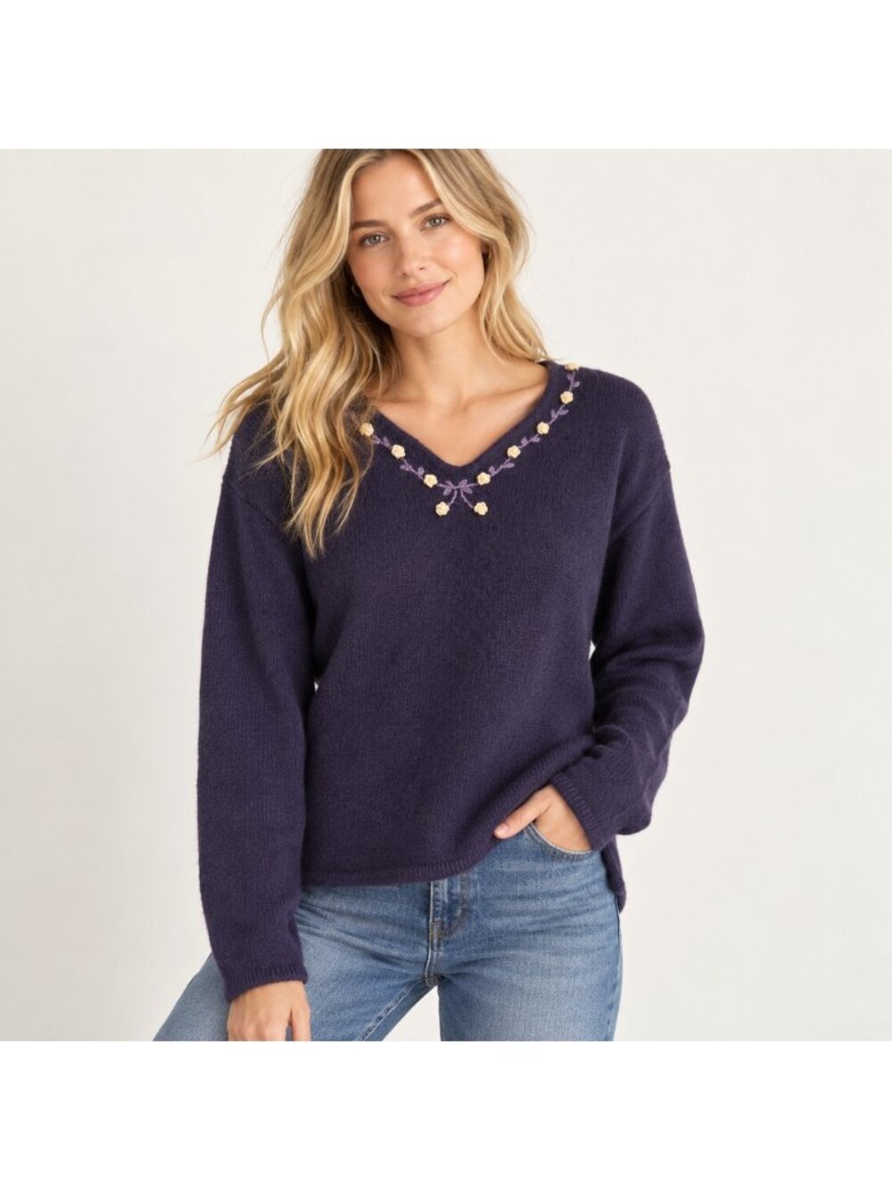 April Cornell Purple 3D Floral Wool V Neck Wool Sweater L